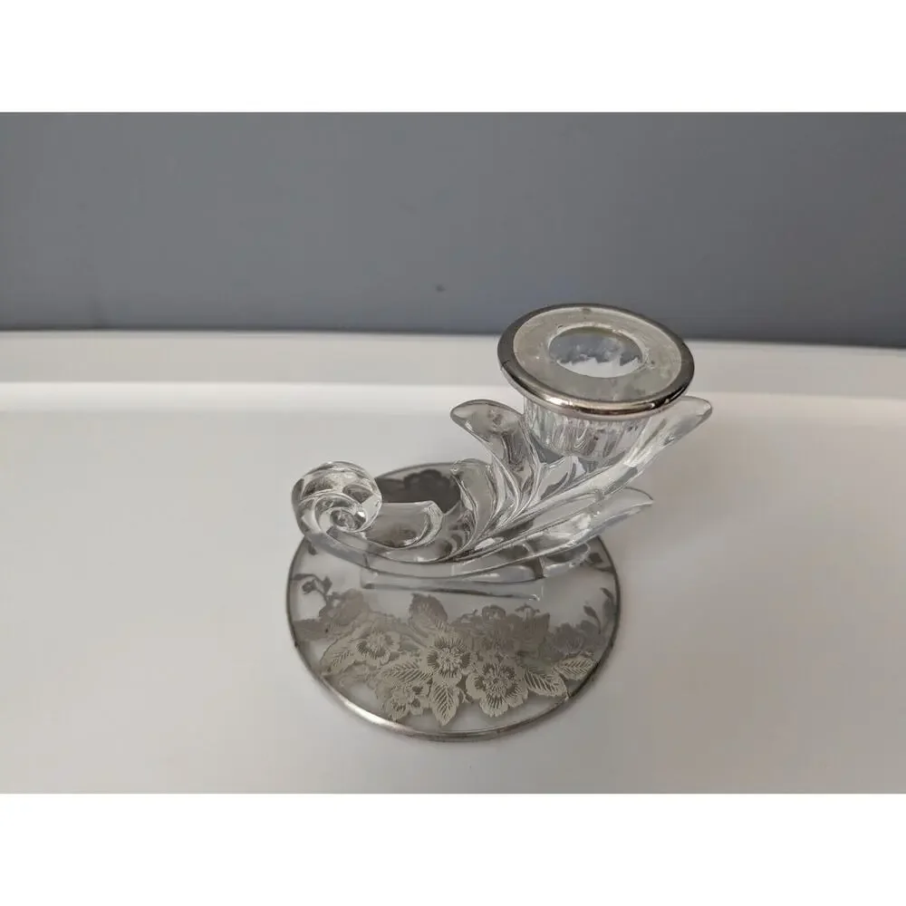 Vintage Fostoria Baroque Taper Candlestick Holder Floral Etched Base 1940's